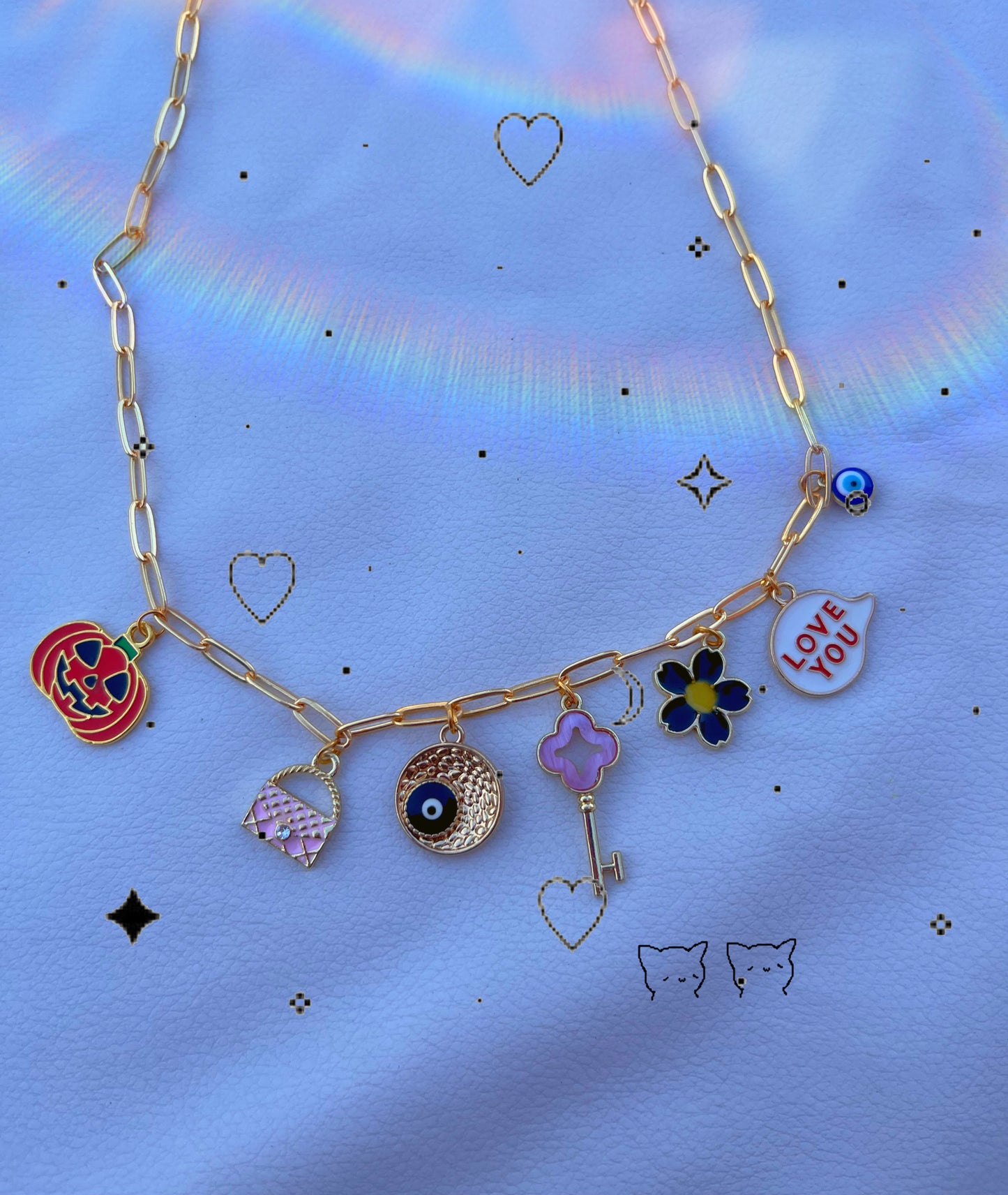 Pixie charm golden chain viral pintresty necklace ✨🎀🪷♥️🦋🧿( Anti tarnish ,water resistant)