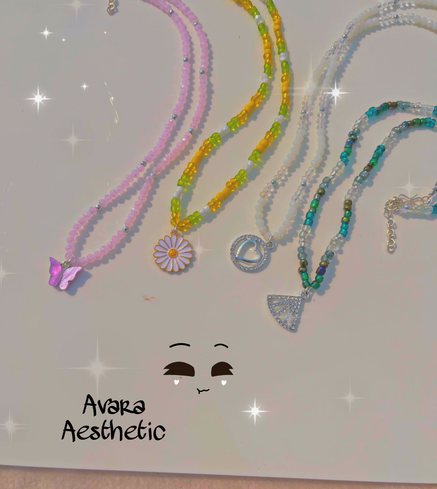 White crystal beaded heart necklace