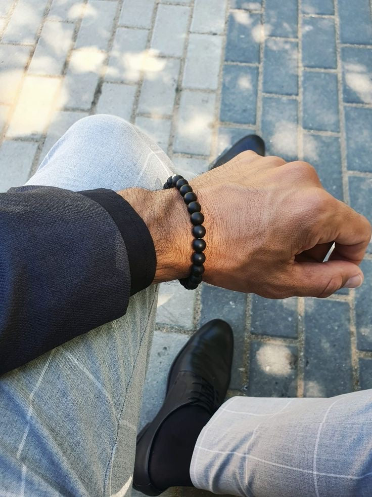 Black matt stone beaded bracelet for guy🖤