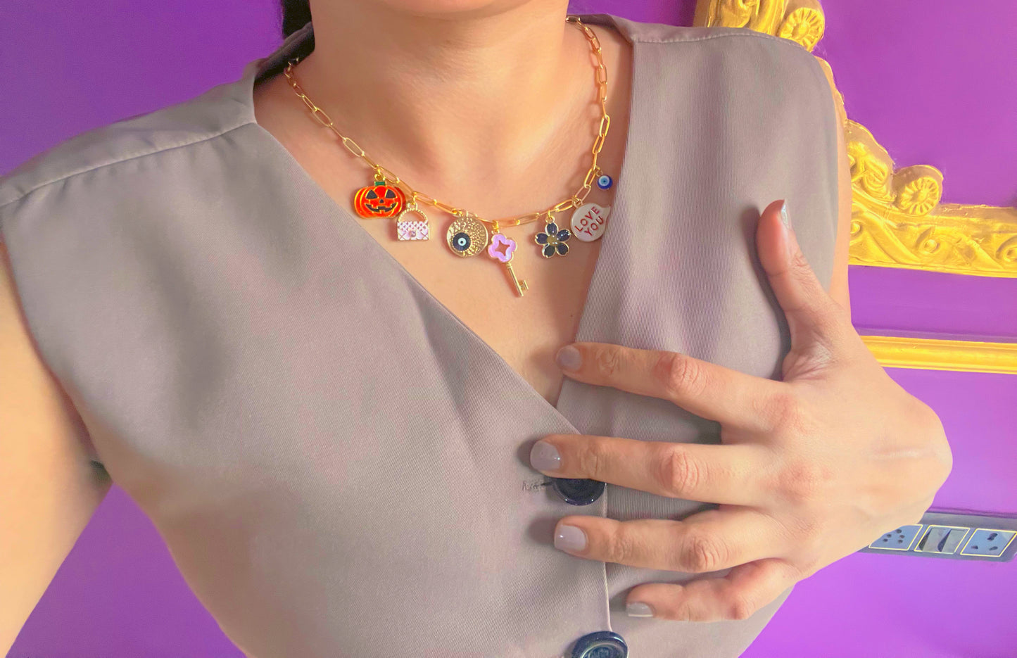 Pixie charm golden chain viral pintresty necklace ✨🎀🪷♥️🦋🧿( Anti tarnish ,water resistant)
