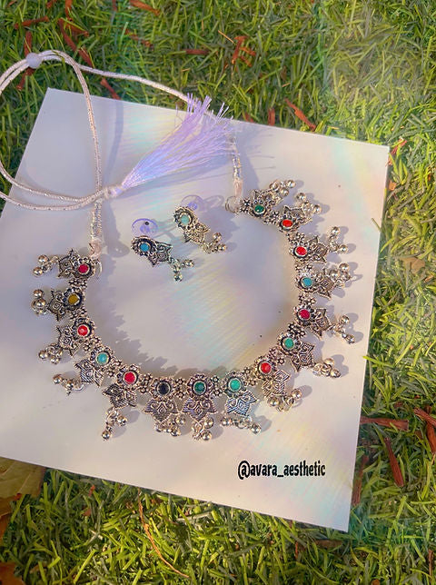 “NOOR”oxidised multicolored necklace set (with earring jhumka)
