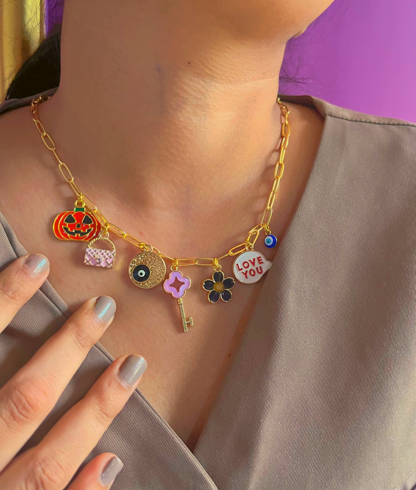Pixie charm golden chain viral pintresty necklace ✨🎀🪷♥️🦋🧿( Anti tarnish ,water resistant)