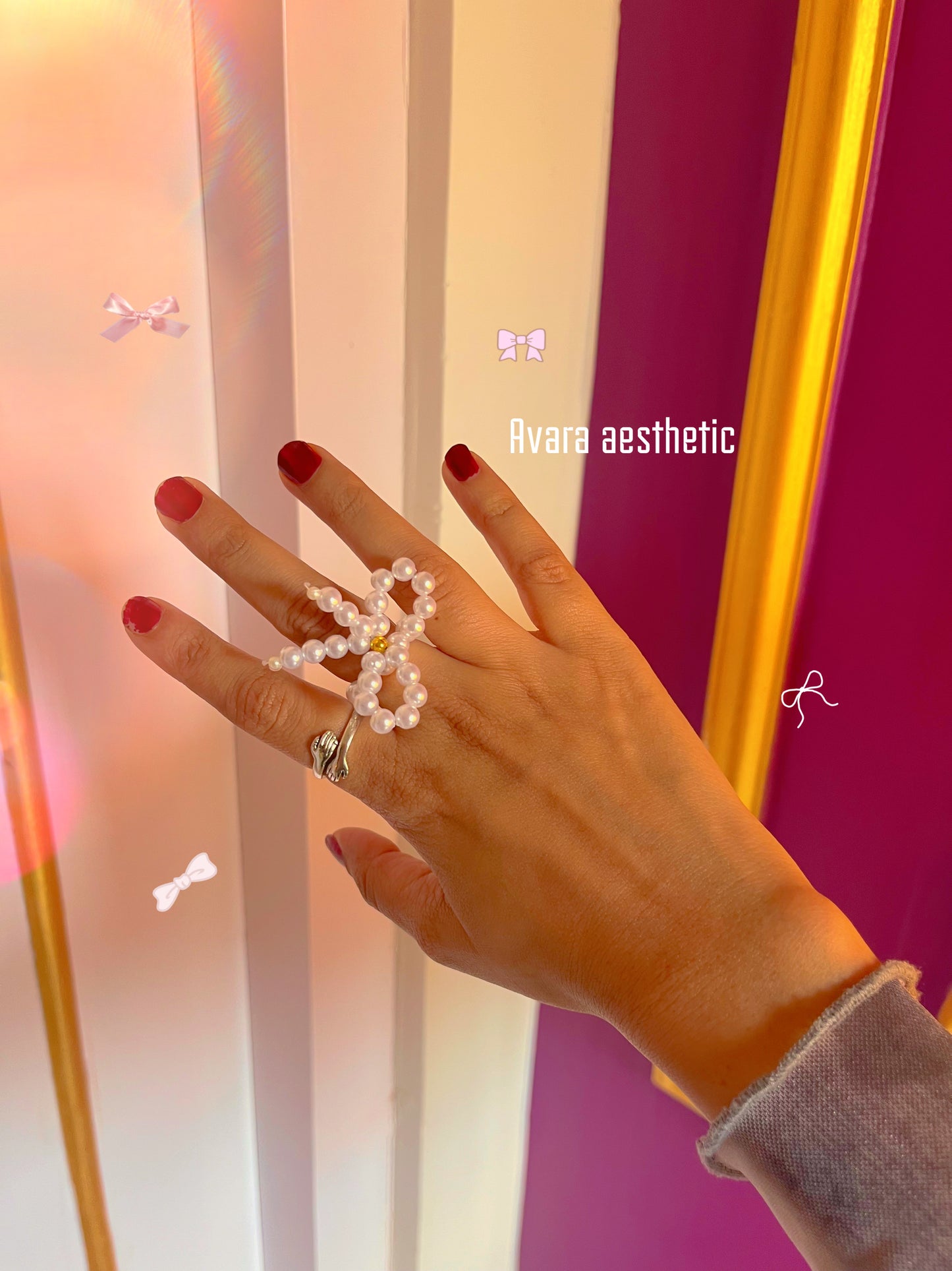 Handmade beaded pearl bow ring π