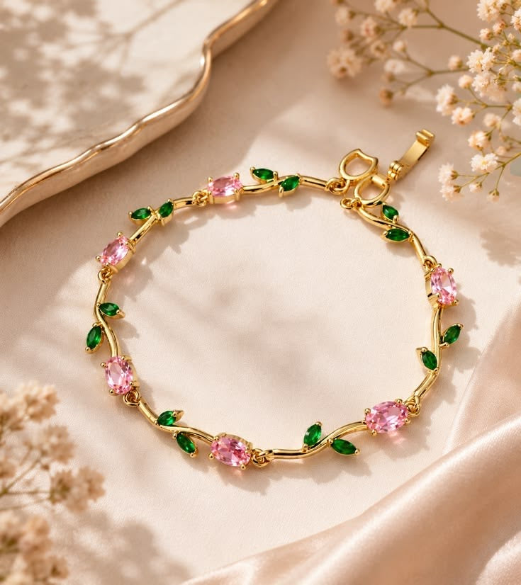 Tulip Bloom Bracelet – Emerald & Blush Floral Bracelet🌷🥹✨🎀