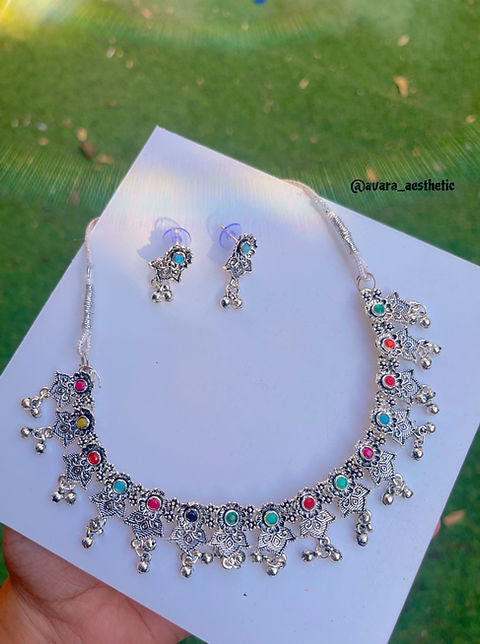 “NOOR”oxidised multicolored necklace set (with earring jhumka)
