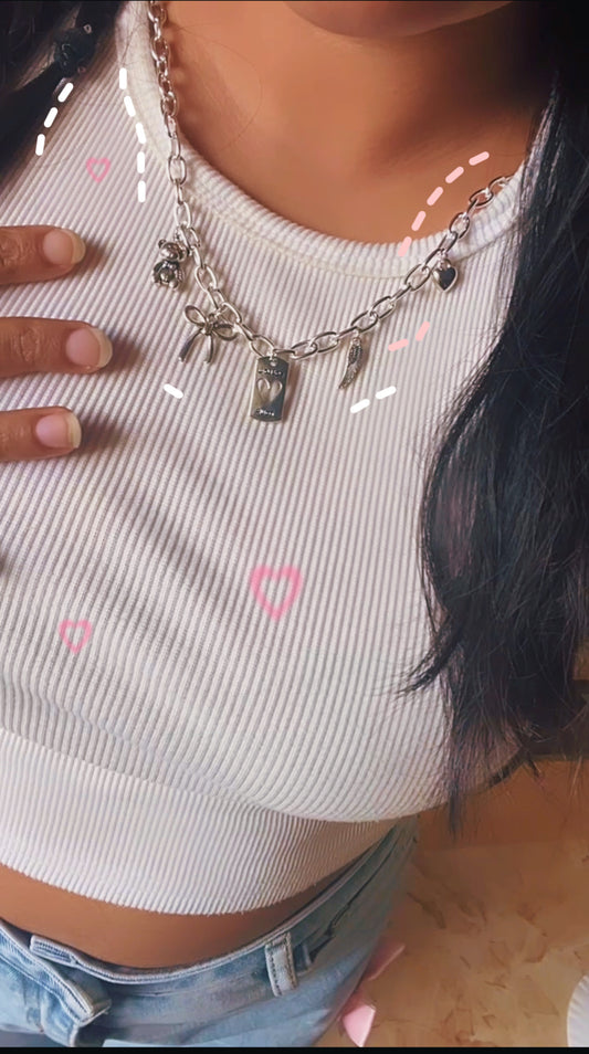 Silver theme charms necklace 🎀🧸♥️