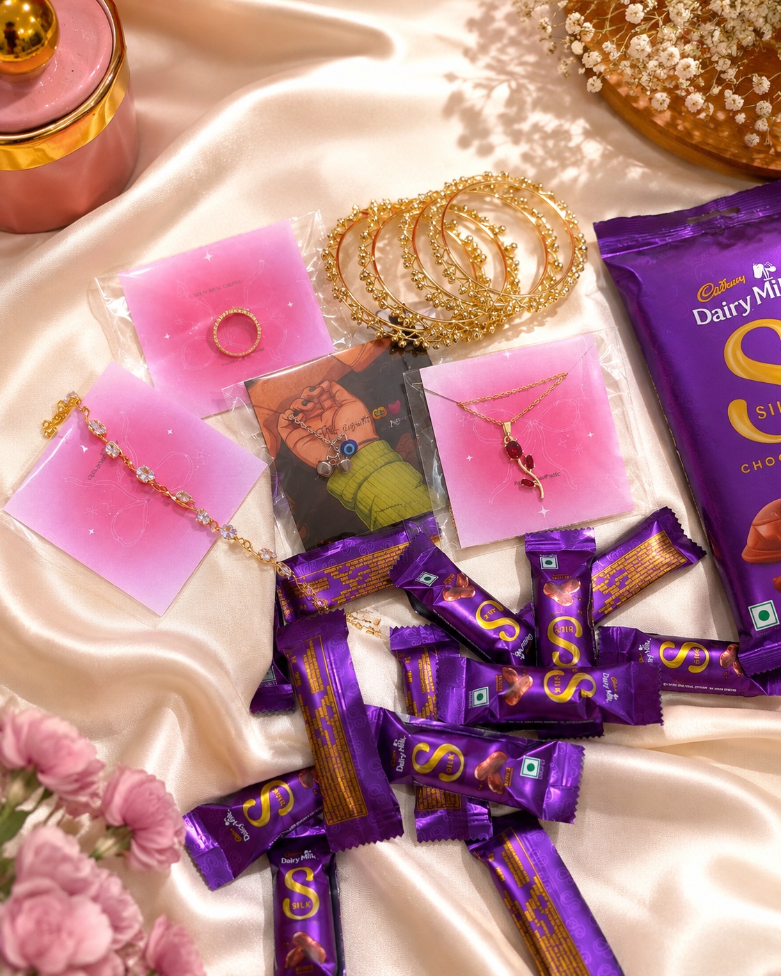 🍫mystery chocolate jewellery hamper🎀🥹 (consist of all cute mini chocolate and 5 jewellery items) all anti tarnish theme jewelry
