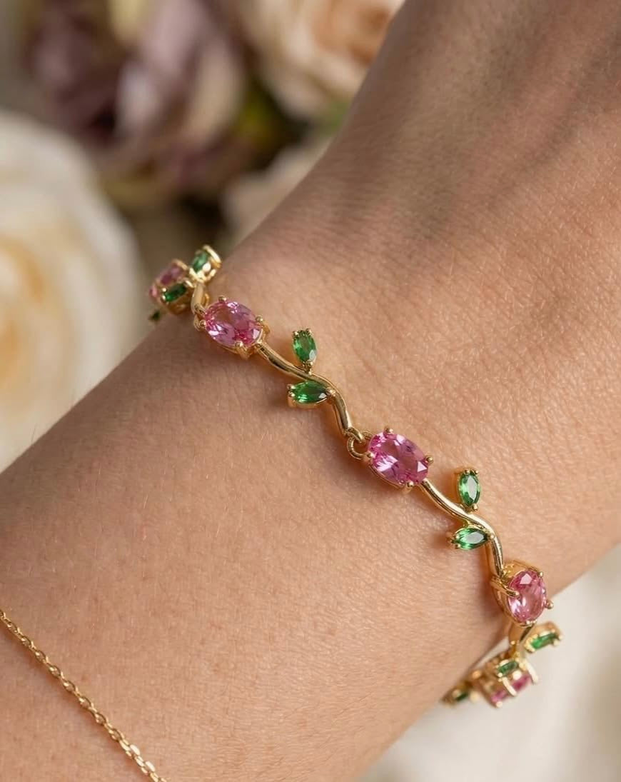 Tulip Bloom Bracelet – Emerald & Blush Floral Bracelet🌷🥹✨🎀