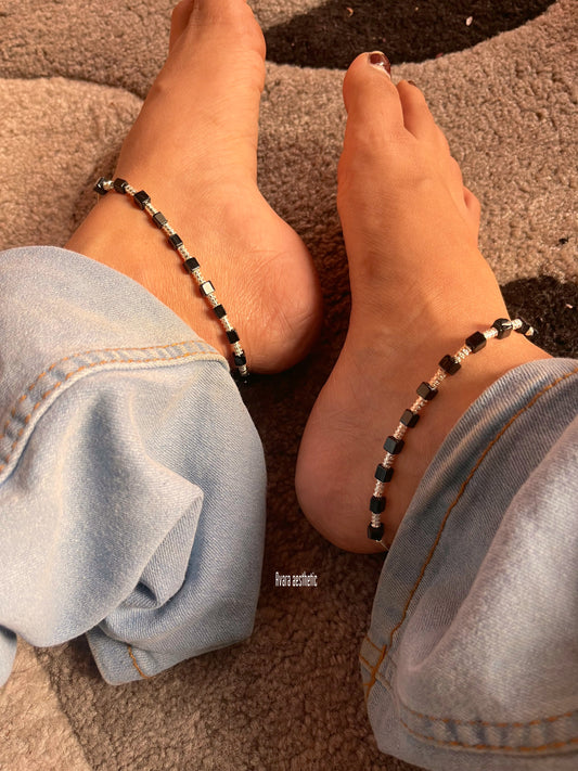 Laila 2.0 black beaded stainless steel silver plated anklets (pair of 2 anklets as shown) ♥️
