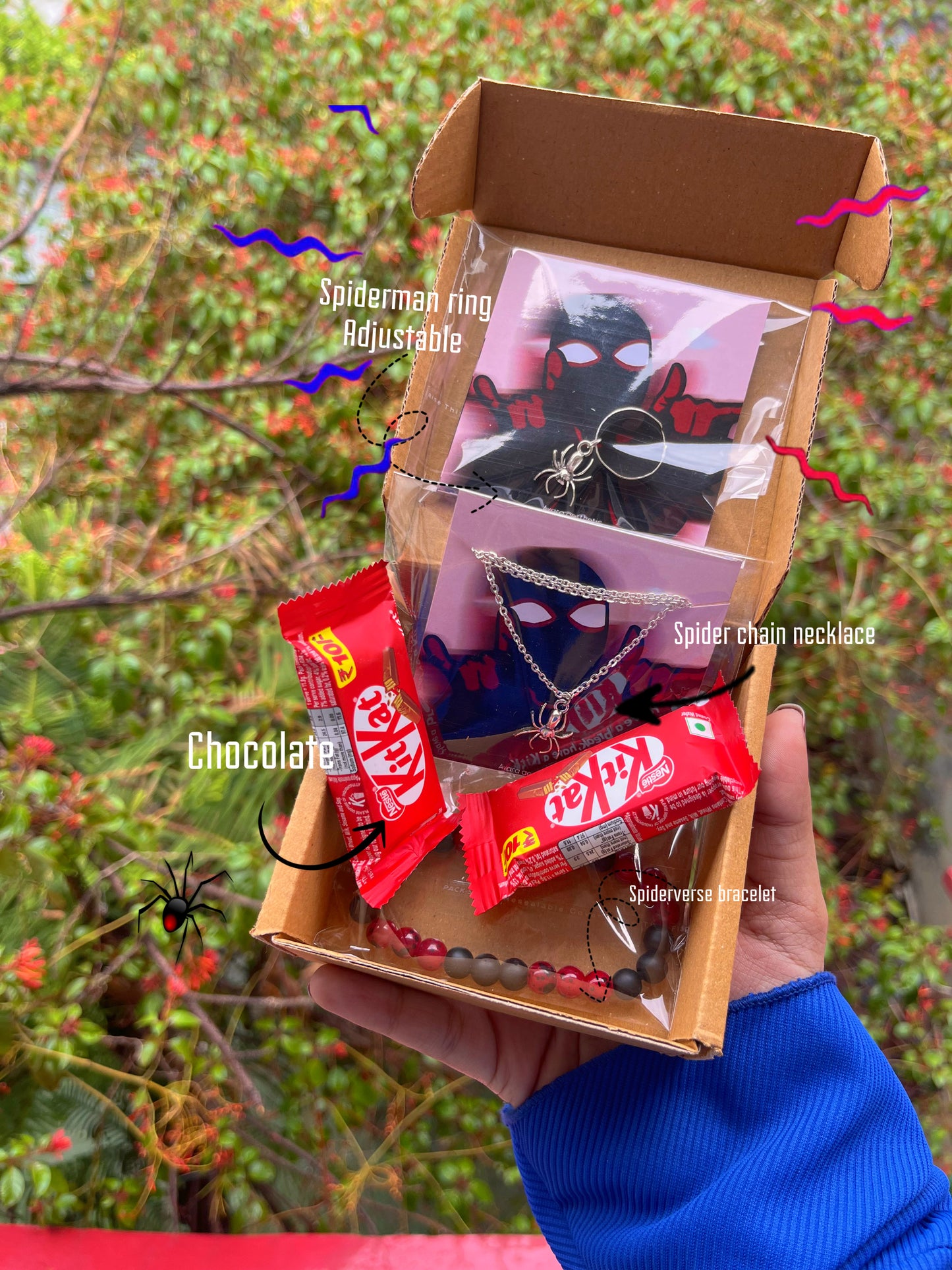 Spiderman theme hamper for him 🕷️( consist of spiderman chain , spider ring , spiderverse bracelet, chocolates)