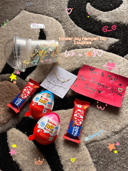 Kinder hamper for couple/bestfriend🎀💝🌸♥️ (consist of two kinderjoys ,two chocolates , cute letter ,and our minimal pookie couple chain bracelets)