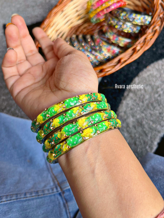 Mehndi baagh ( green yellow floral stack )🦚 stack of 4 bangle bracelets as shown 😍
