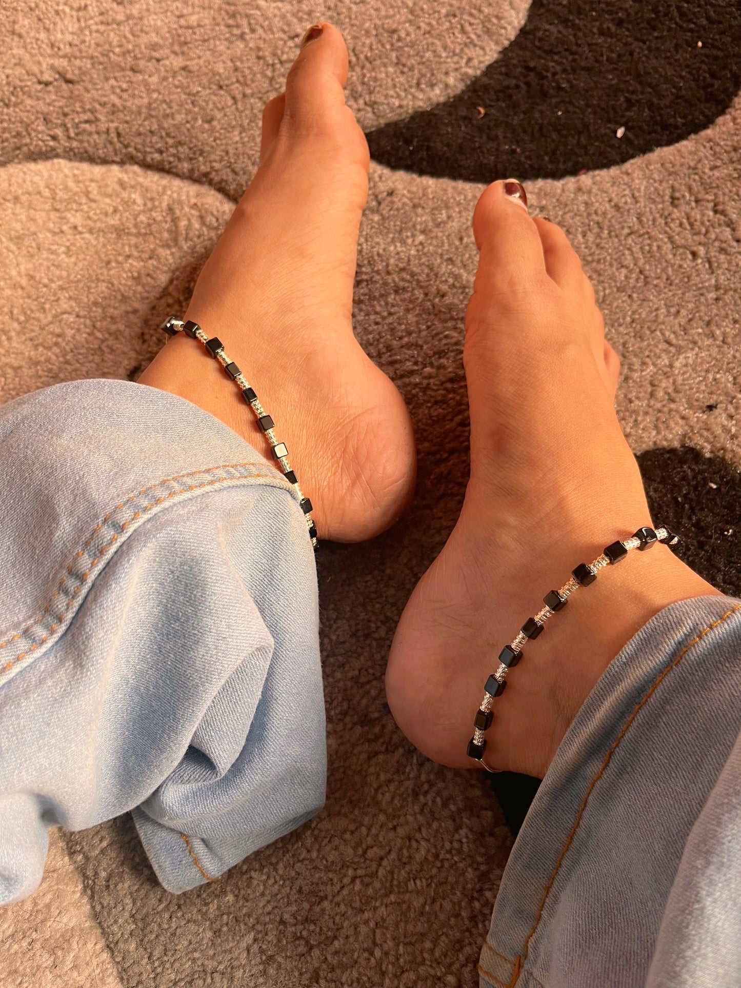Laila 2.0 black beaded stainless steel silver plated anklets (pair of 2 anklets as shown) ♥️